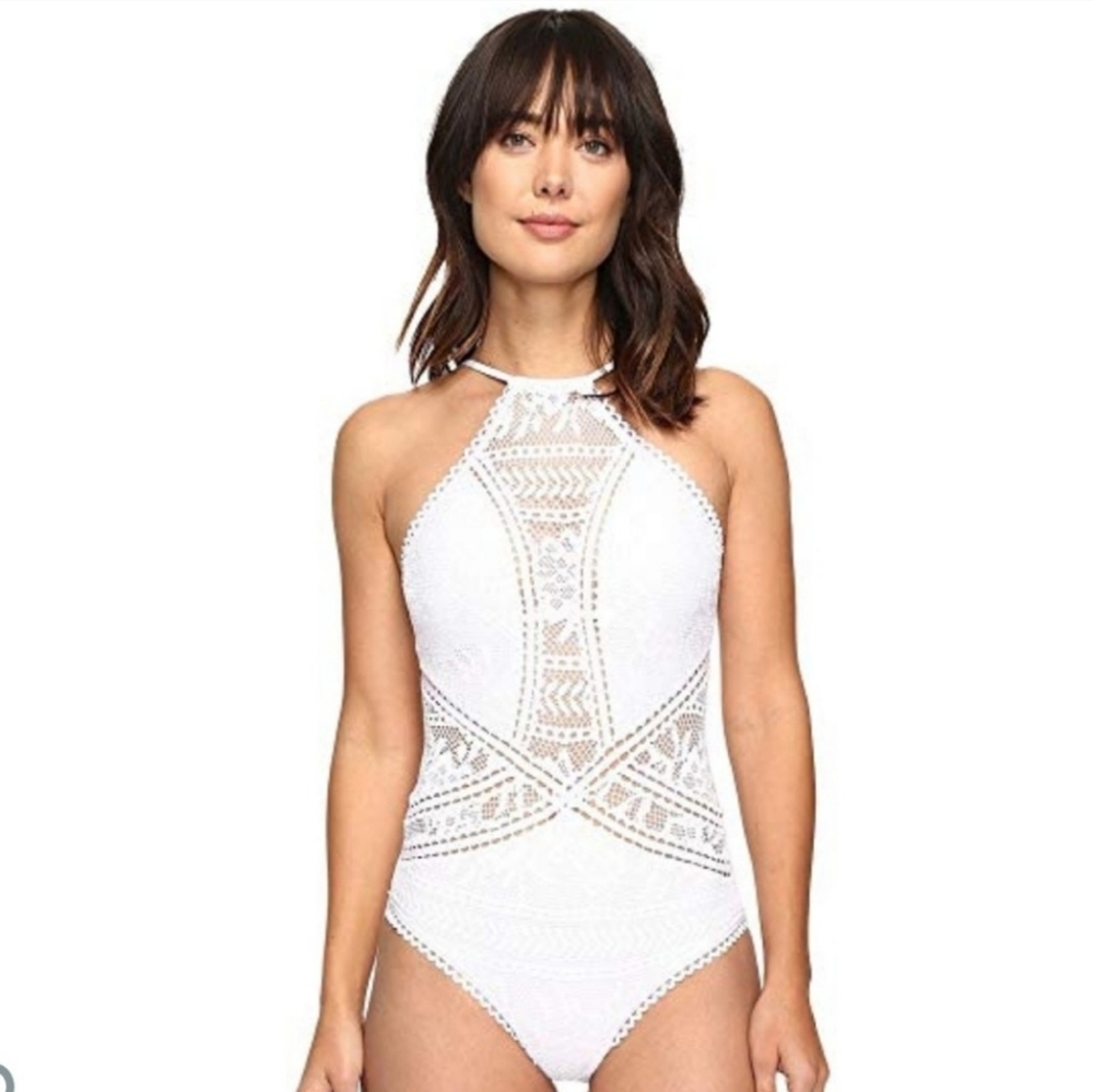 BECCA high neck halter one piece crochet swimsuit